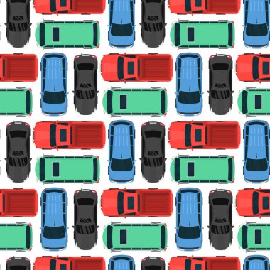 Üstten Görünüm renkli araba oyuncak Dikişsiz desen arka plan alma otomobil taşıma tekerlek ulaşım tasarım vektör çizim.