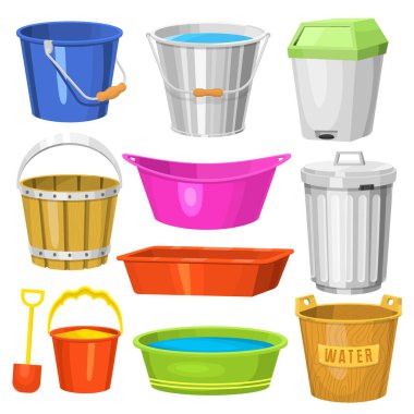 Water buckets handle container equipment household clean plastic empty domestic tool vector illustration clipart