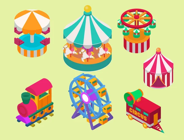 Zirkus isometrische Show Unterhaltung Zelt Festzelt Outdoor-Festival mit Streifen und Fahnen Karnevalszeichen — Stockvektor