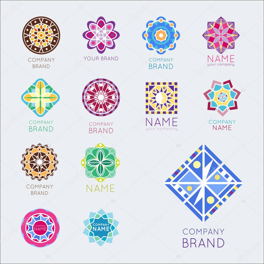 Abstract triangular polygonal shape kaleidoscope geometry company brand logo badge template circle decorative vector icon.. Oriental floral indian round abstraction ethnic mandala vintage motive.
