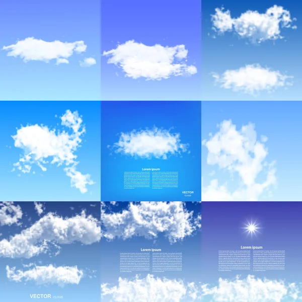 Realistische Wolken blauer Himmel transparent Natur Wetter weiß Wolkenlandschaft Luftraum natürliche Umwelt Skyline bewölkt Hintergrund Vektor Illustration. — Stockvektor