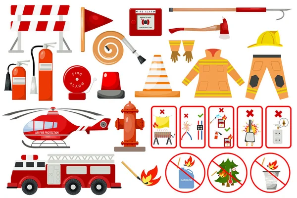 Elementos bomberos departamento de bomberos emergencia ciudad seguridad peligro equipo bombero protección vector ilustración . — Vector de stock