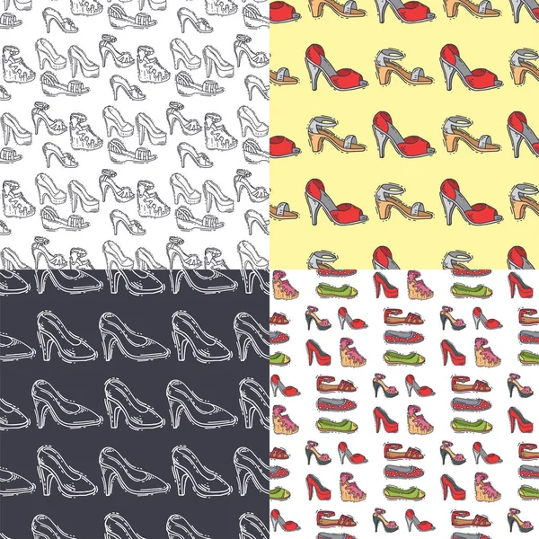Set de zapatos para mujer sin costuras patrón de fondo vector mano dibujado estilo de cuero de color mocasines talón zapatos ilustración . — Archivo Imágenes Vectoriales