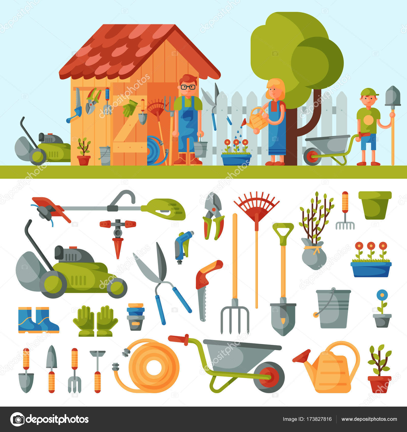 Gartengeräte Geräte Vektorwerkzeuge und Bauernfamilie in der Nähe Haus