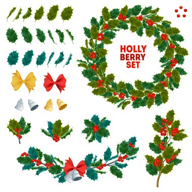 Noel holly berry şube dekorasyon vektör ağacı seti, X-mas geleneksel sembolü yaprak simge şube tasarlamak yaprak