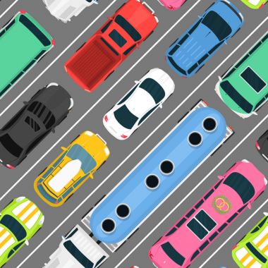 Şehir trafik reçel ulaşım vektör araba araç taşıma üstten görünüm araba otomobil ulaşım otomatik tasarlamak. Rating çatı motorlu araç navlun Dikişsiz desen arka plan