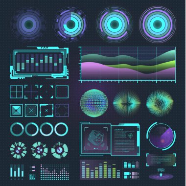 Hud vektör fütüristik alanı hareket grafik Infographic öğeleri oyun ve UI ux simgeler kullanıcı aygıtları grafik dalga bar hologram vektör çizim tasarım arabirim. Bilim ve teknik analiz Tema