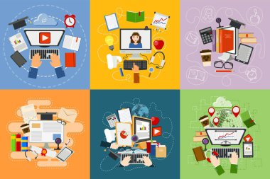 Online Eğitim vektör kavramı çalışma düz tasarım web mobil hizmetleri on-line e-öğrenme bilgisayar ağı eğitmek bilgi illüstrasyon.