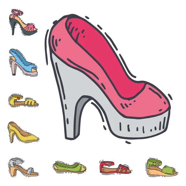 Set de zapatos para mujer diseño plano vector dibujado a mano estilo de cuero color mocasines talón ilustración . — Vector de stock