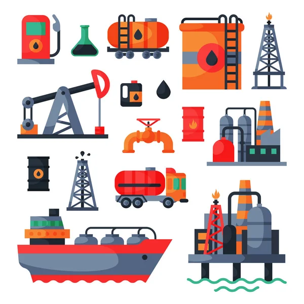 Oil petroleum extraction processing transportation recovery industry refinery fuel gas drilling industrial pump vector illustration — Stock Vector