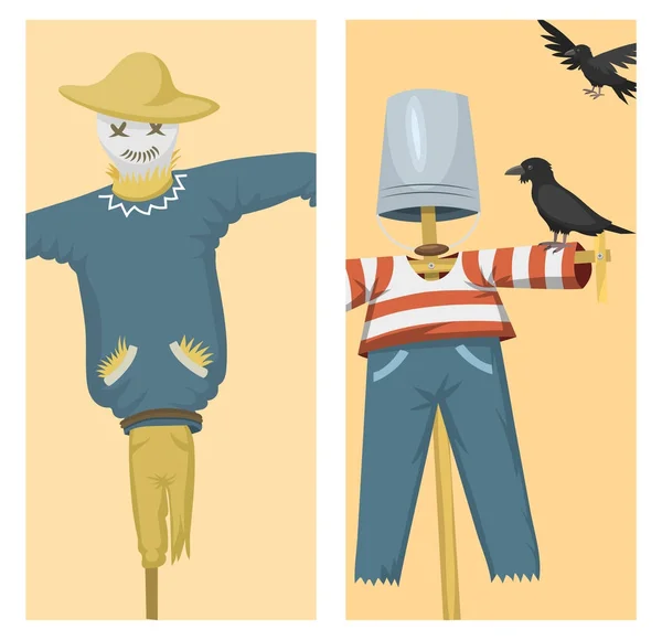 Diferentes muñecas juguete personaje juego vestido y granja espantapájaros trapo muñeca vector ilustración — Vector de stock