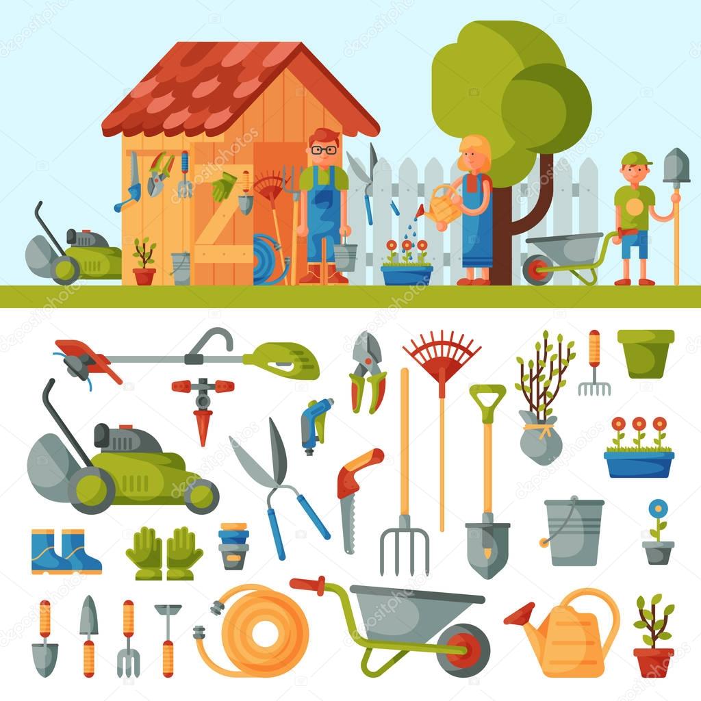 Garden instruments equipment vector tools and farmer family near house various agricultural farm tools for gardening care colorful flat illustration. Rural farming hobby work.