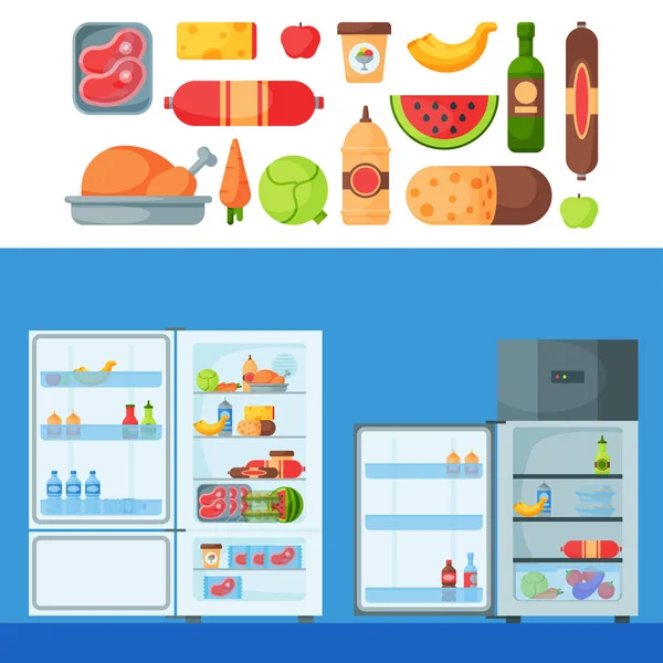 Frigorífico alimentos orgânicos utensílios de cozinha utensílios domésticos frigorífico aparelho congelador vetor ilustração . —  Vetores de Stock