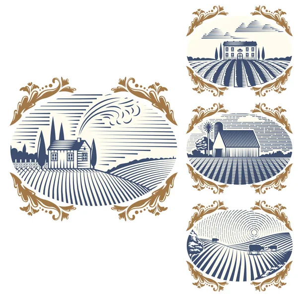 Retro paisagens vetor ilustração fazenda casa agricultura gráfico campo cênico antigo desenho . —  Vetores de Stock