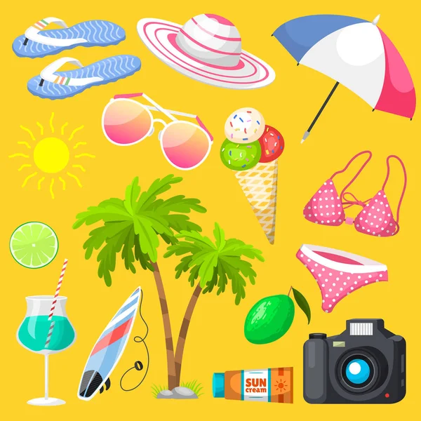 Summer time beach sea shore realistic accessory vector illustration sunshine travel — Stock Vector