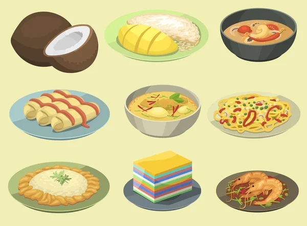 Traditional National thai food thailand asian plate cuisine seafood prawn cooking delicious vector illustration.