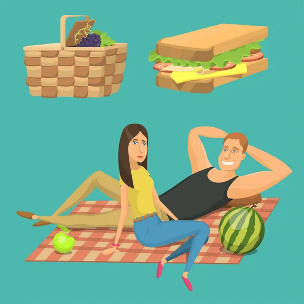 Picnic setting with red wine glasses picnic hamper basket. Barbecue resting couple vector character — Stock Vector
