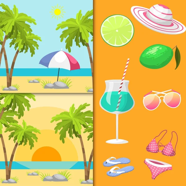 Heure d'été plage bord de mer accessoire réaliste vecteur illustration soleil Voyage — Image vectorielle