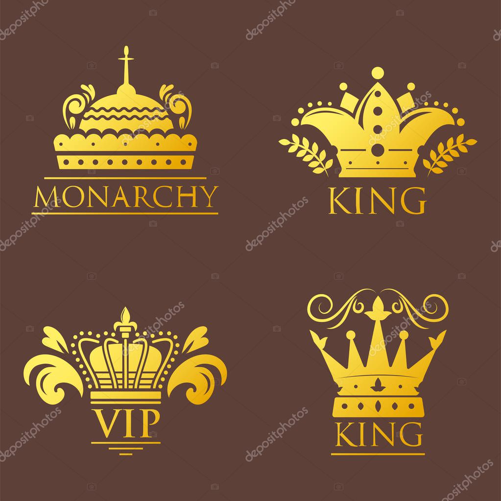 Crown king vintage premium golden yellow badge heraldic ornament icon tiara logo and luxury emblem kingdom princess baroque vector illustration. Insignia medieval antique decoration retro style.