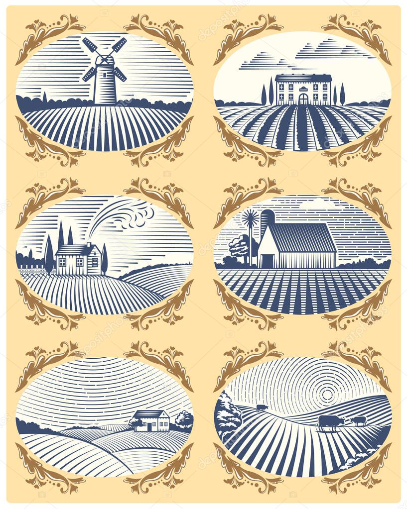 Retro landscapes vector illustration farm house and field agriculture graphic countryside scenic antique drawing.