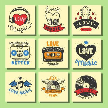 Vintage müzik kart dizisini el çekilmiş şablonları aşk müzikal öğeleri tasarlamak vektör için.