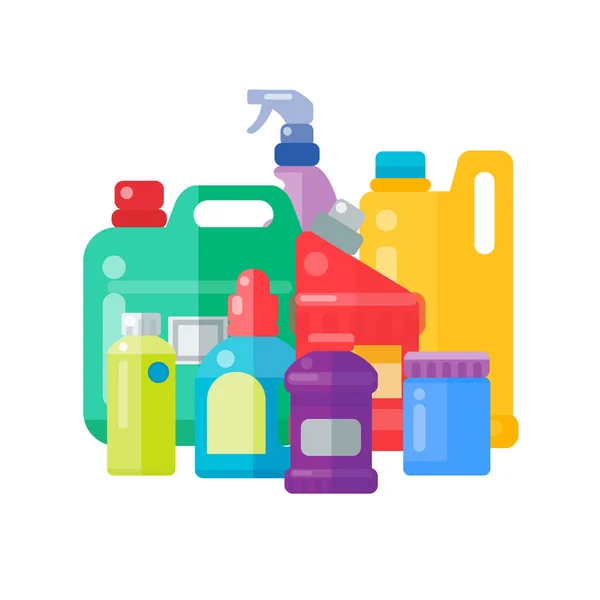 家用化学品清洁用品的瓶子清洗家务塑料洗涤剂液体家用液体清洁剂包装矢量插图. — 图库矢量图片