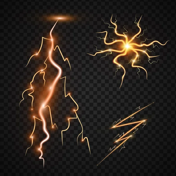 Lightning bolt storm strike realistyczne 3d efekty magiczne i jasne oświetlenie światła burza z piorunami ilustracja wektorowa. — Wektor stockowy