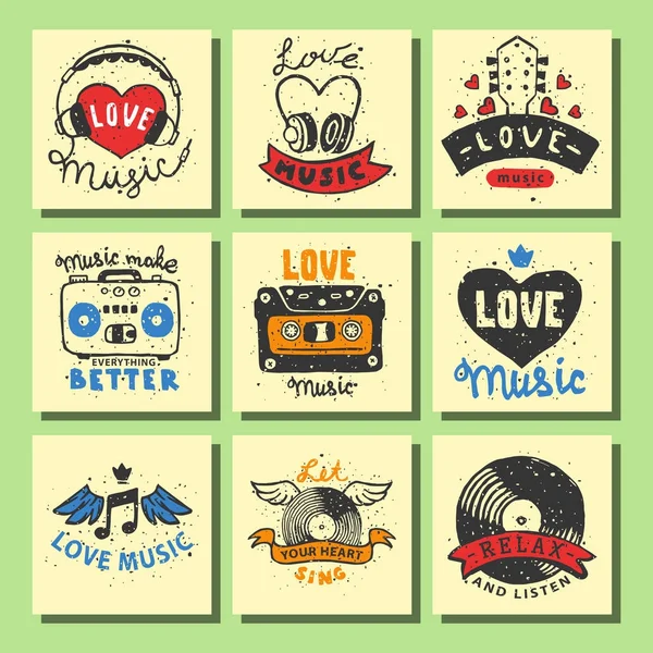 Set vintage muzikale kaarten hand getekende sjablonen liefde muzikale elementen voor ontwerp, vectorillustratie. — Stockvector