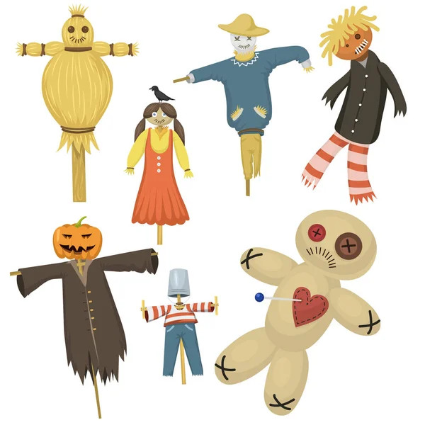 Tuin lelijk verschrikkelijke stof scarecrow fright bugaboo poppen op stiick en speelgoed personage jurk van boerderij lap-pop vectorillustratie — Stockvector