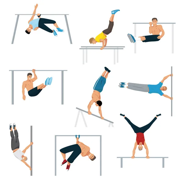 Barra horizontal barbilla-up fuerte atleta hombre gimnasio ejercicio calle entrenamiento trucos muscular fitness deporte tirando de carácter vector ilustración . — Archivo Imágenes Vectoriales