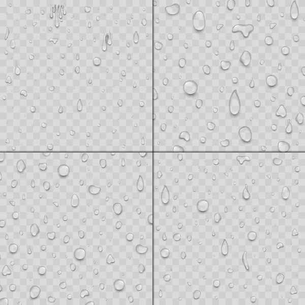 Realistische water druppels vloeibare transparante regendruppel splash achtergrond vectorillustratie — Stockvector