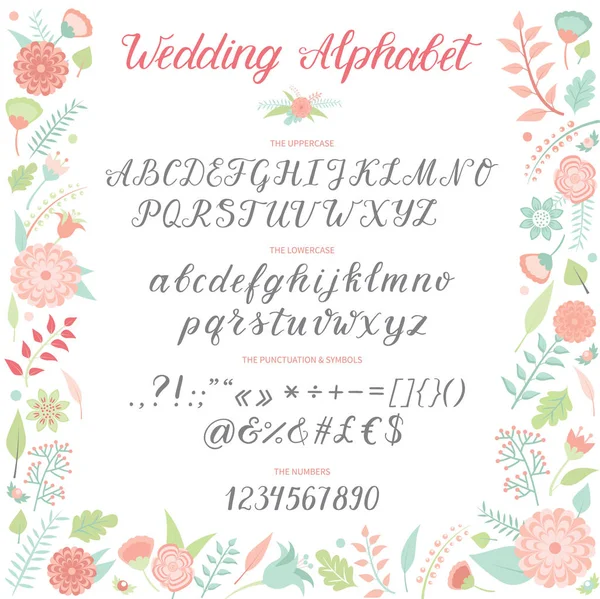 Día de la boda ceremonia alfabeto texto celebración invitación letras retro tarjeta diseño caligrafía ceremonia fuente vector ilustración . — Vector de stock