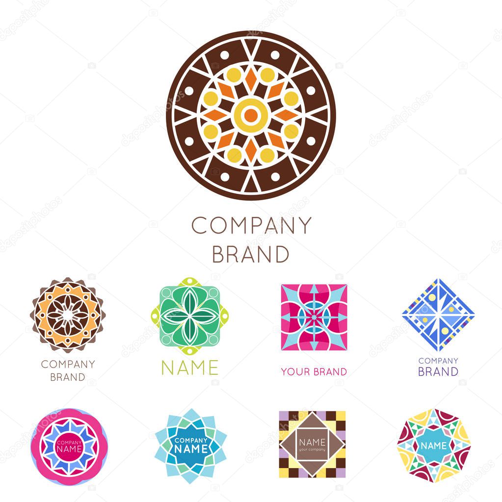 Abstract triangular polygonal shape kaleidoscope geometry company brand logo badge template circle decorative vector icon.. Oriental floral indian round abstraction ethnic mandala vintage motive.