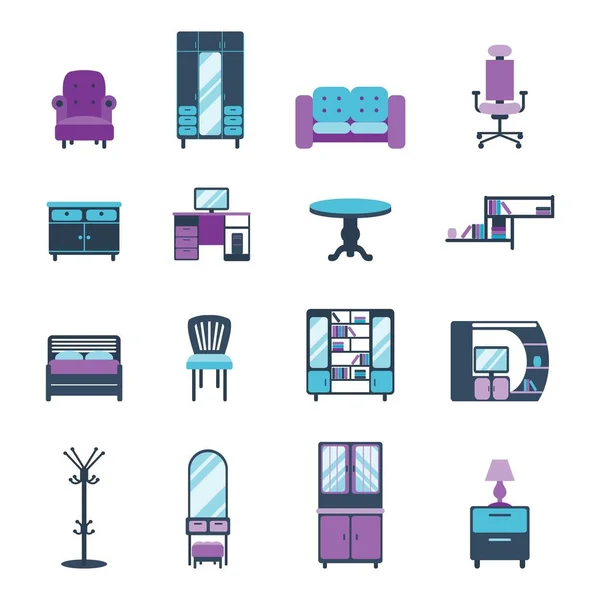 Meubels pictogrammen huisontwerp moderne woonkamer ingericht appartement symbolen vectorillustratie — Stockvector