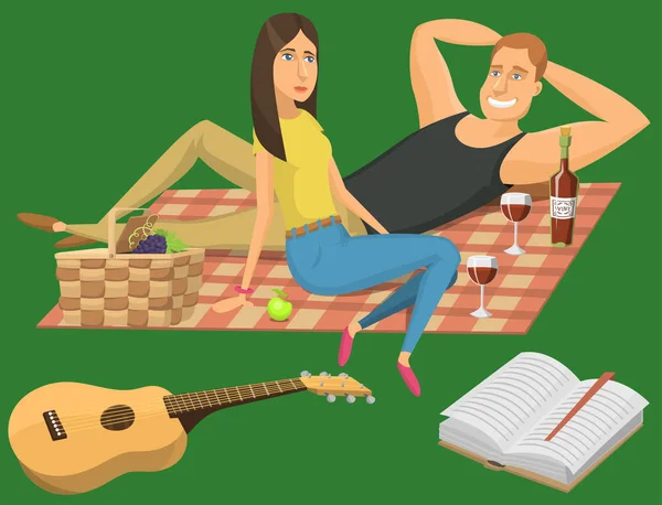 Configuração de piquenique com copos de vinho tinto guitarra churrasco descansando casal vetor personagem ilustração —  Vetores de Stock