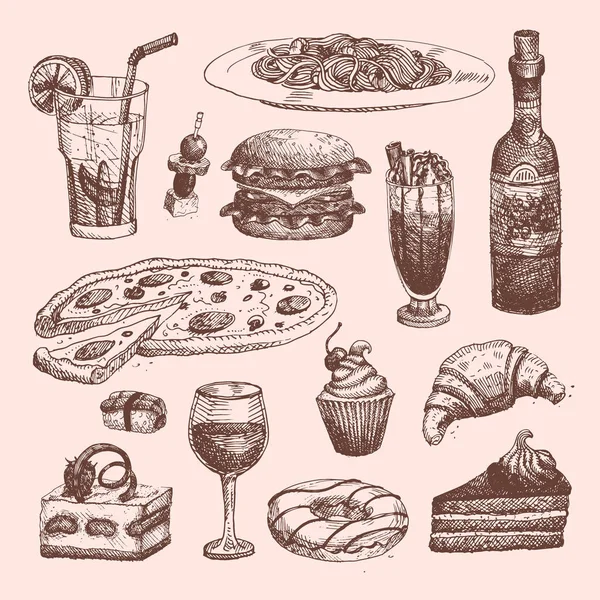 Hand getekende voedsel schets voor menu restaurant product en doodle maaltijd keuken vectorillustratie. — Stockvector