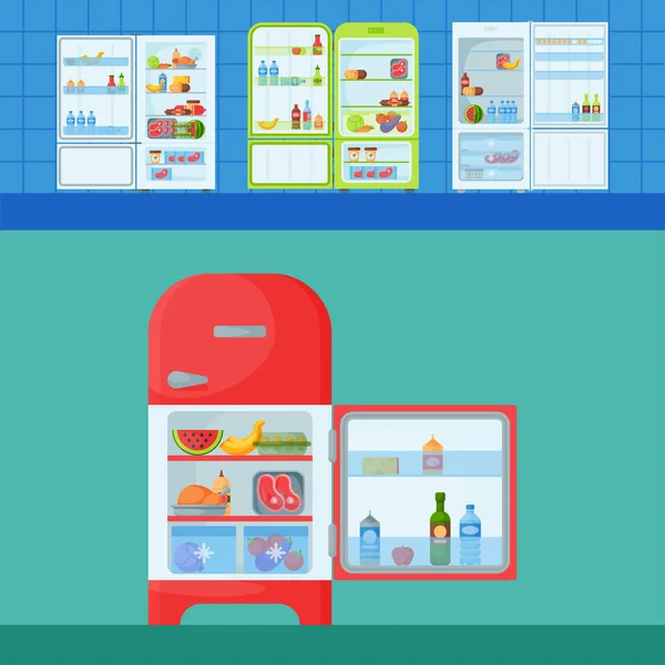 Lednice biopotravin nádobí domácí náčiní lednice spotřebiče mrazničky vektorové ilustrace. — Stockový vektor
