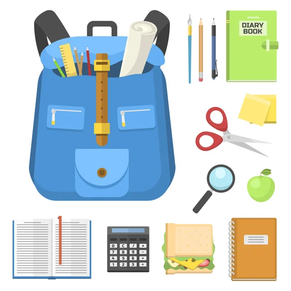School bag backpack full of supplies children stationary zipper educational sack vector illustration. — Stock Vector