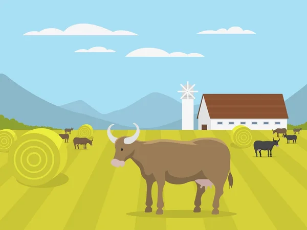 Falusi táj vektoros illusztráció farm ház mezőgazdasági grafikus vidéken — Stock Vector
