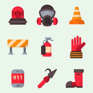 Yangın emniyet donanımları acil durum araçları itfaiye güvenli tehlike kaza koruma vektör çizim.