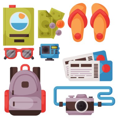 Seyahat zaman yaz tatil vektör Aksesuar düz stil ile seyahat ve Turizm kutsal kişilerin resmi.