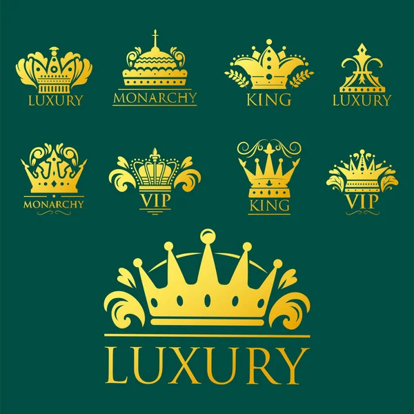 Korona király szüreti prémium jelvény arany heraldikai dísz luxus kingdomsign vektoros illusztráció. — Stock Vector