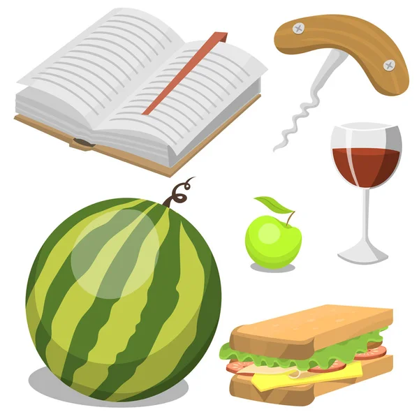 Picknickmand met voedsel ontspanning vakantie container lunch zomer maaltijd vectorillustratie — Stockvector