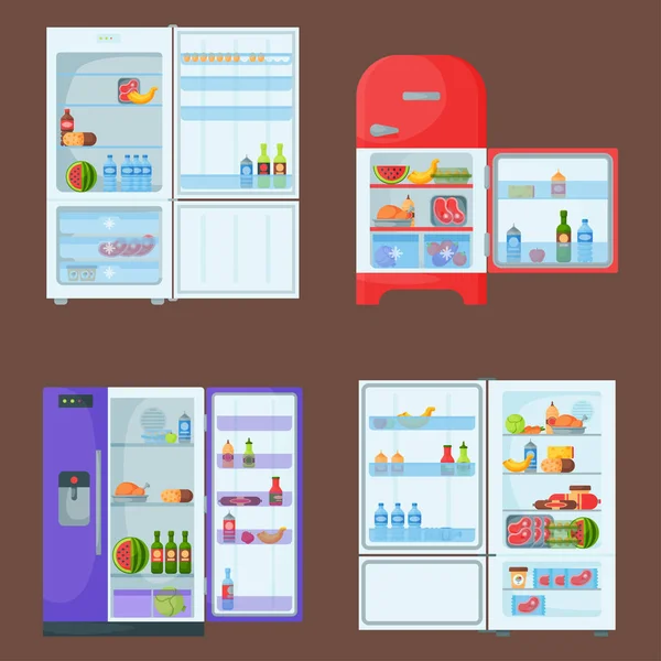 Koelkast biologische voeding keukengerei huishoudelijke gebruiksvoorwerp koelkast toestel vriezer vectorillustratie. — Stockvector