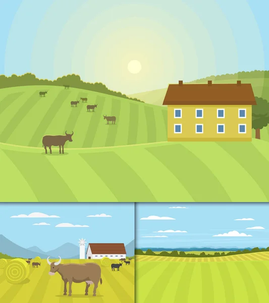 Paisagens aldeia vetor ilustração fazenda casa agricultura gráfico campo —  Vetores de Stock