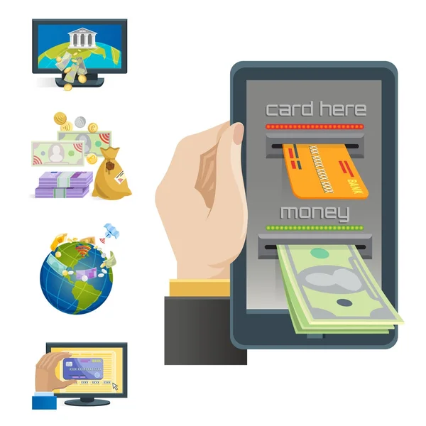 Pagamentos móveis ícones vetor smartphone transação ecommerce carteira conexão sem fio cartão bancário crédito online pagar compras . —  Vetores de Stock