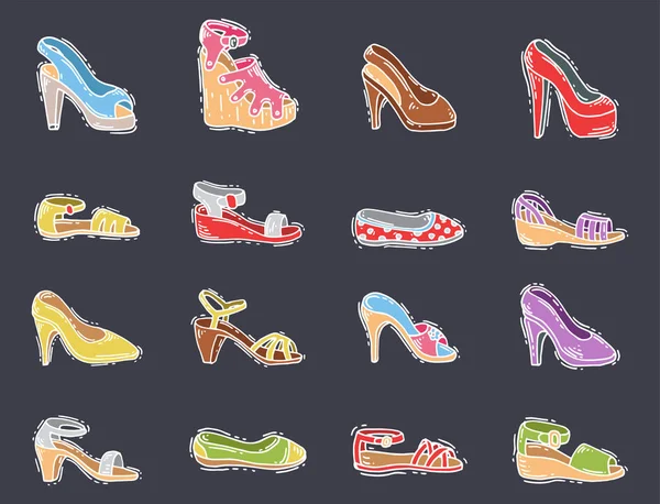 Womens schoenen platte vector hand getrokken ontwerpstijl van leder set gekleurde mocassins hak schoen illustratie. — Stockvector