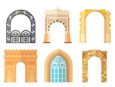 Tasarım mimarlık inşaat çerçeve klasik, sütun yapısı kapı kapı cephe ve tarihi yapılar/Mimariler vektör çizim bina ağ geçidi kemer.