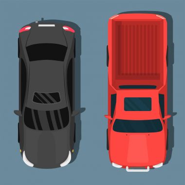 Üstten Görünüm renkli araba oyuncak toplama otomobil taşıma tekerlek ulaşım tasarım otomatik vektör çizim.