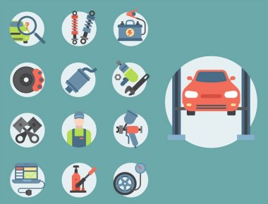 Araba servis parçaları düz vektör illüstrasyon oto mekanik tamir otomobil Elektrik donatımı ve makineleri